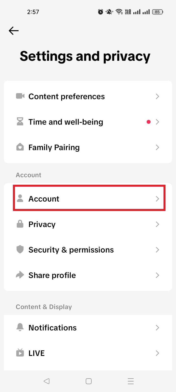 Account option on TikTok app