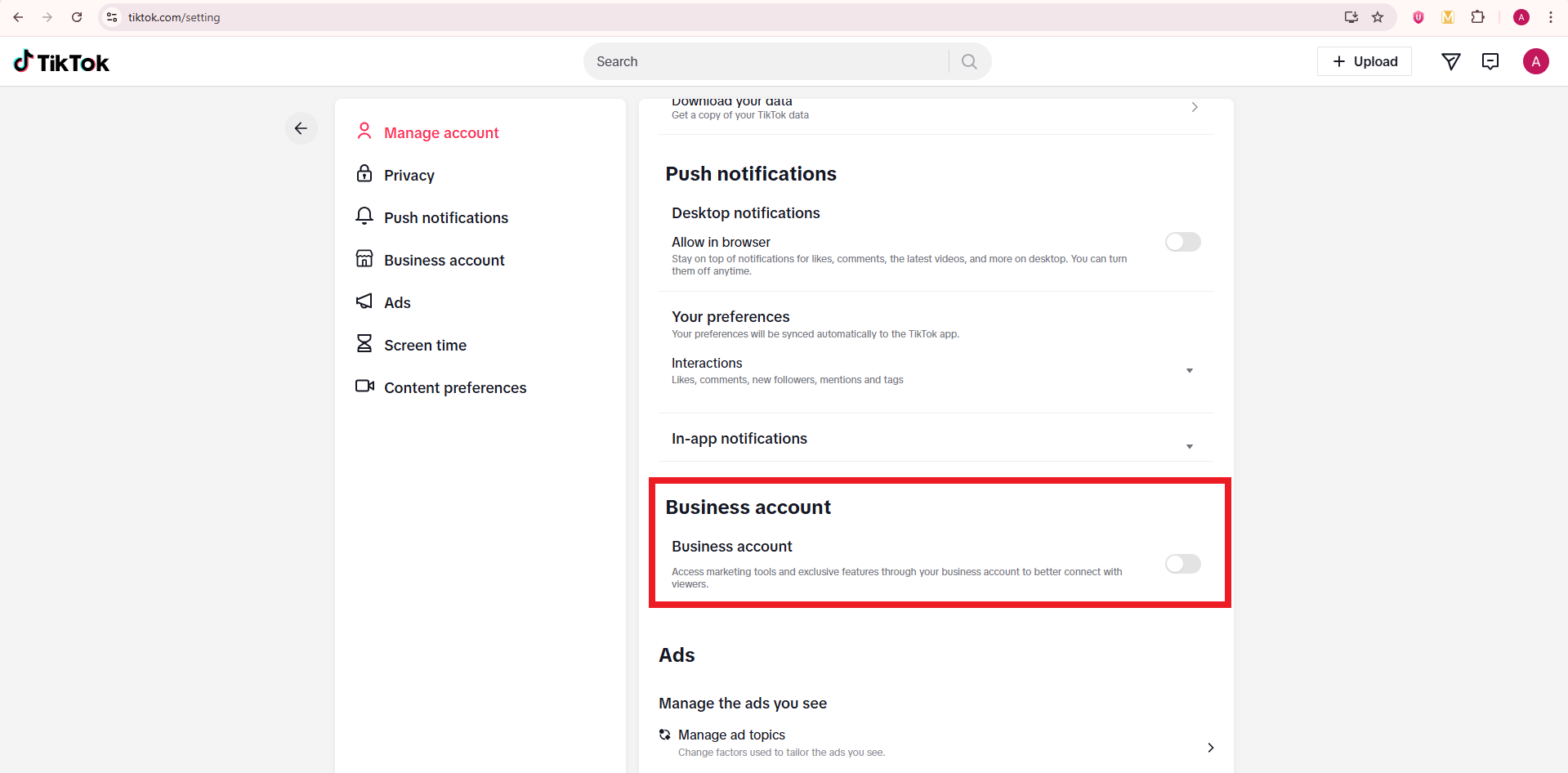 Business account option on TikTok web app