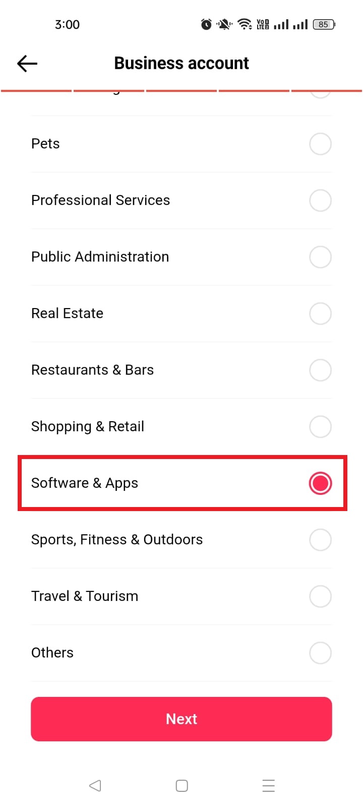 Choose a category option on TikTok app