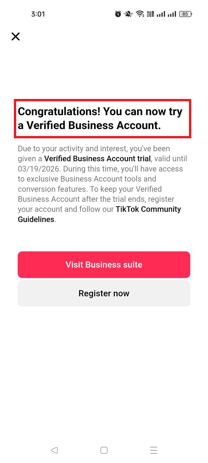 Successful creation of Business account on TikTok app