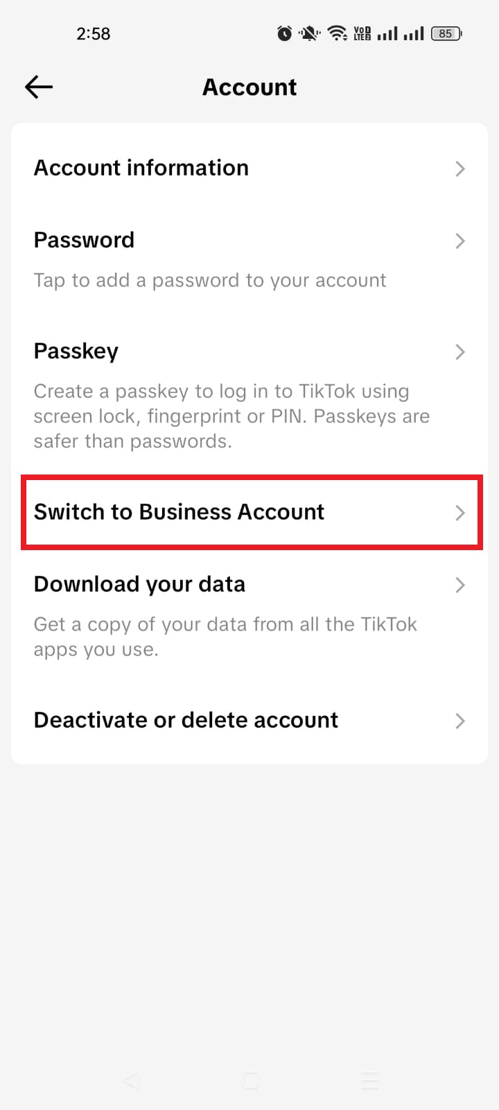 Switch to Business Account option on TikTok app