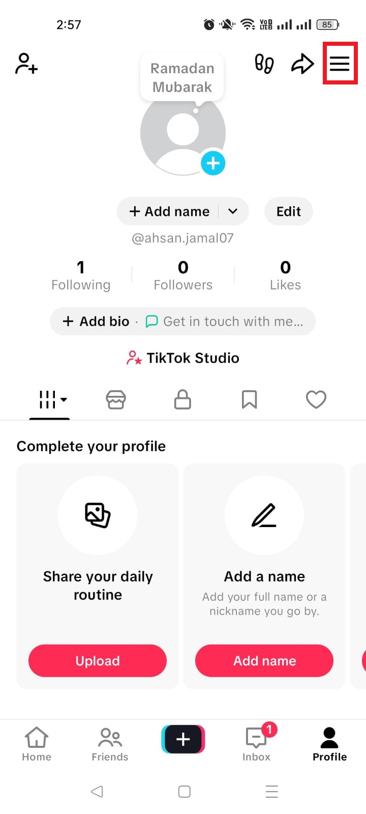 Three lines menu icon on TikTok app