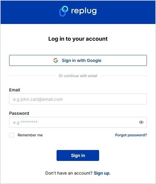 Replug’s sign-in page