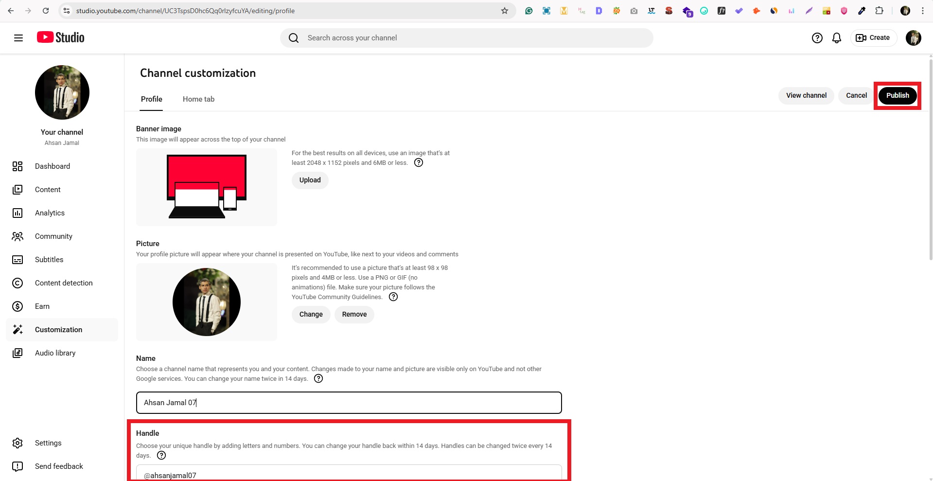 Change Handle on YouTube on desktop