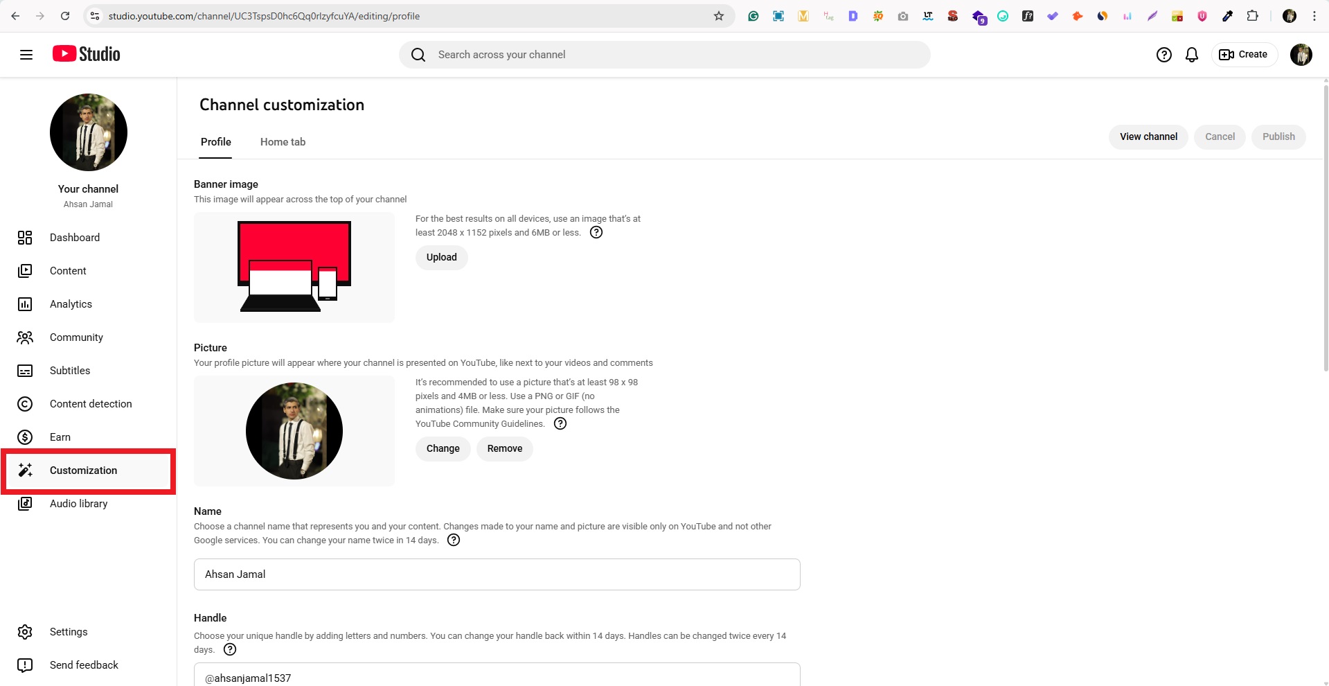 Customization option in YouTube Studio