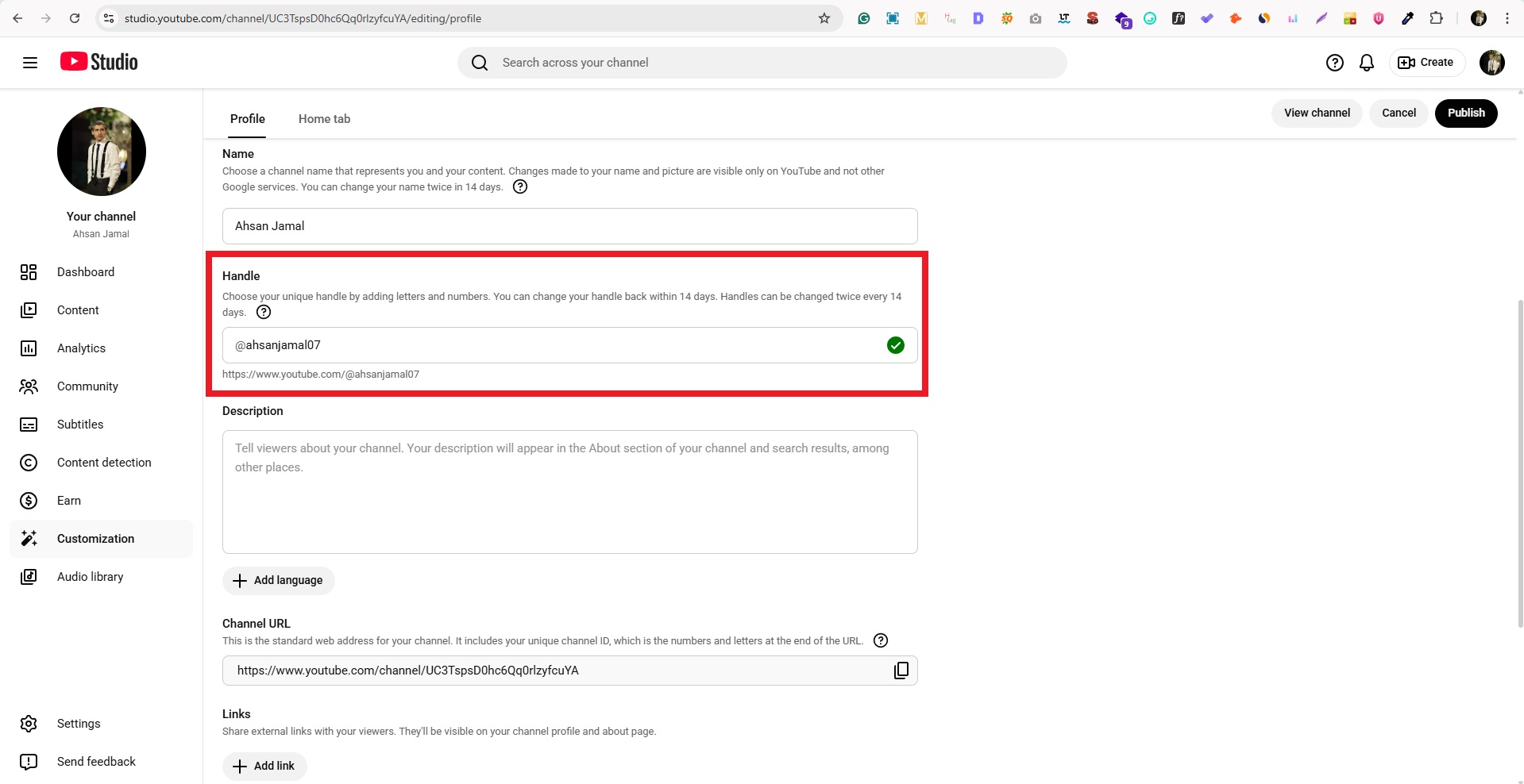Edit Handle in YouTube Studio