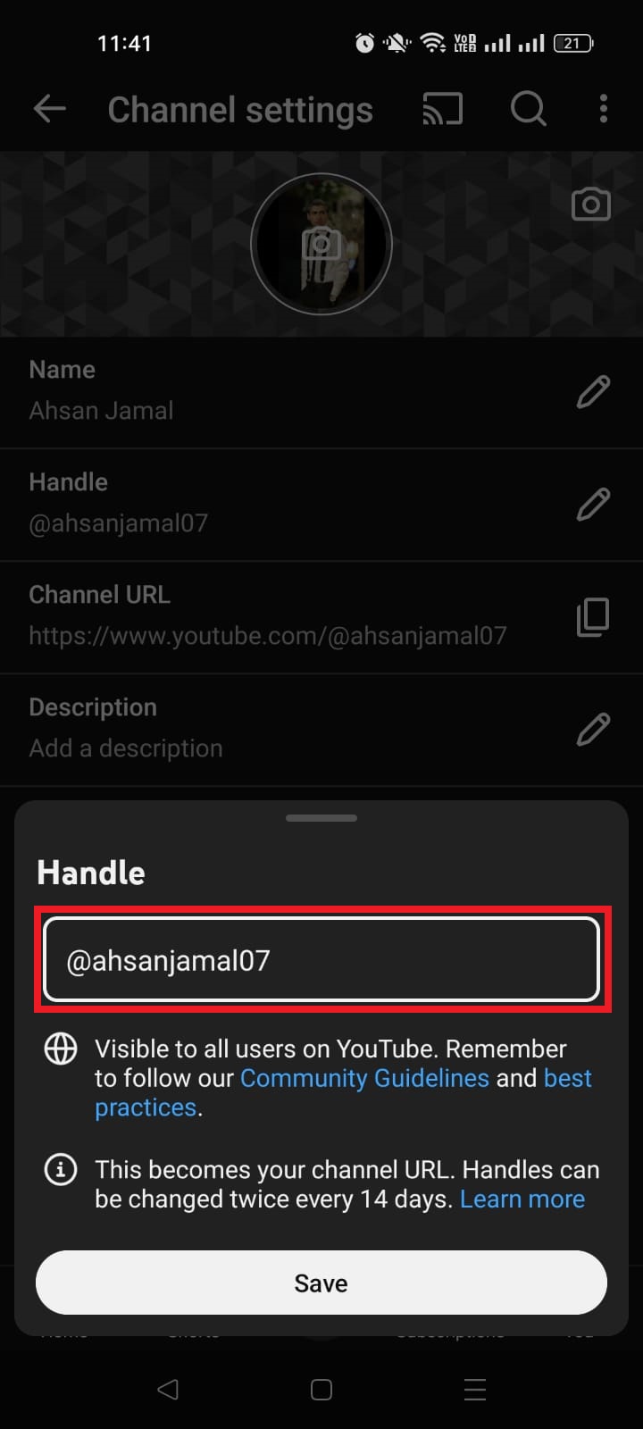 Edit Handle in YouTube app