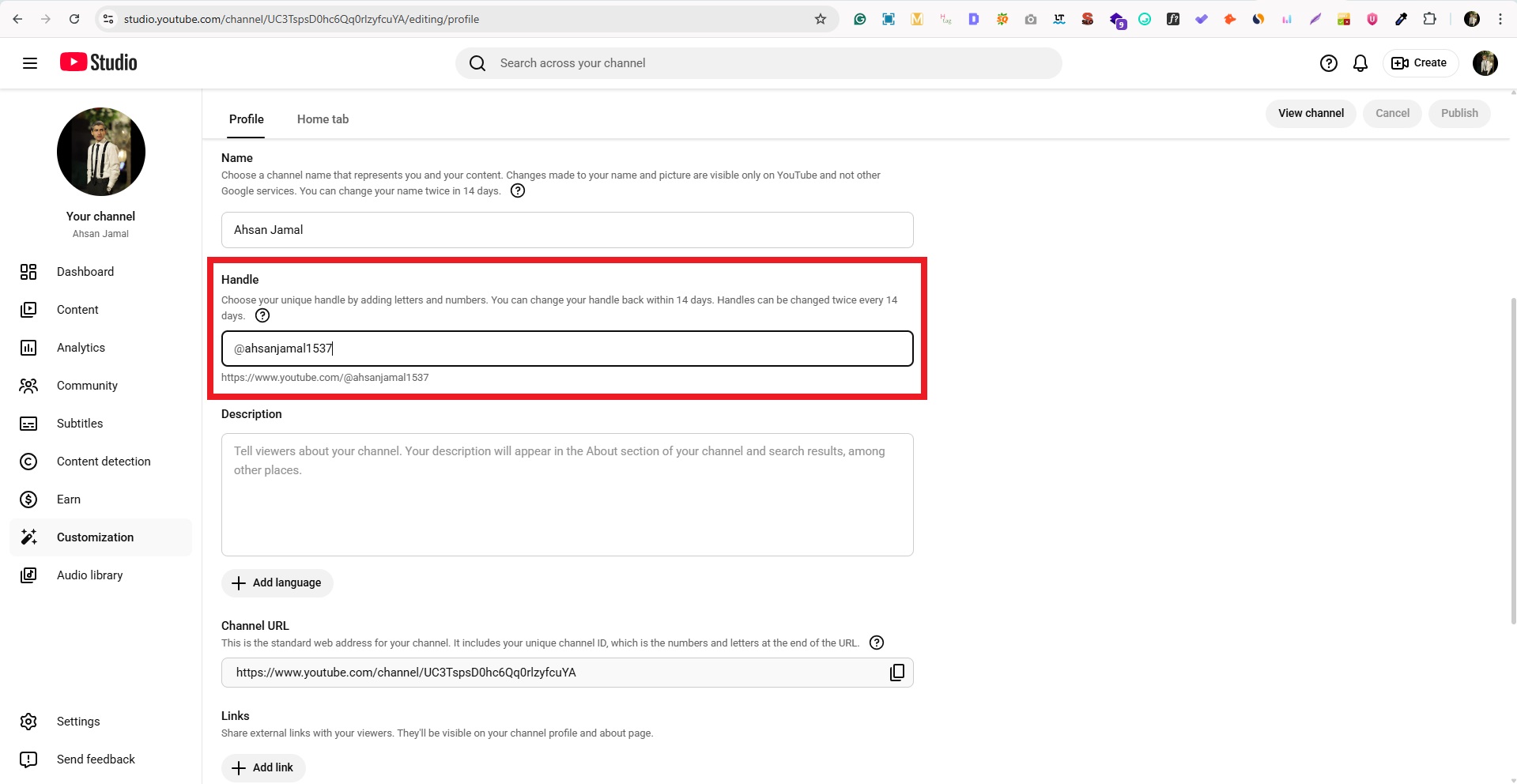 Handle option in YouTube Studio