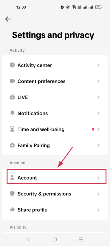 Account option inside TikTok mobile app