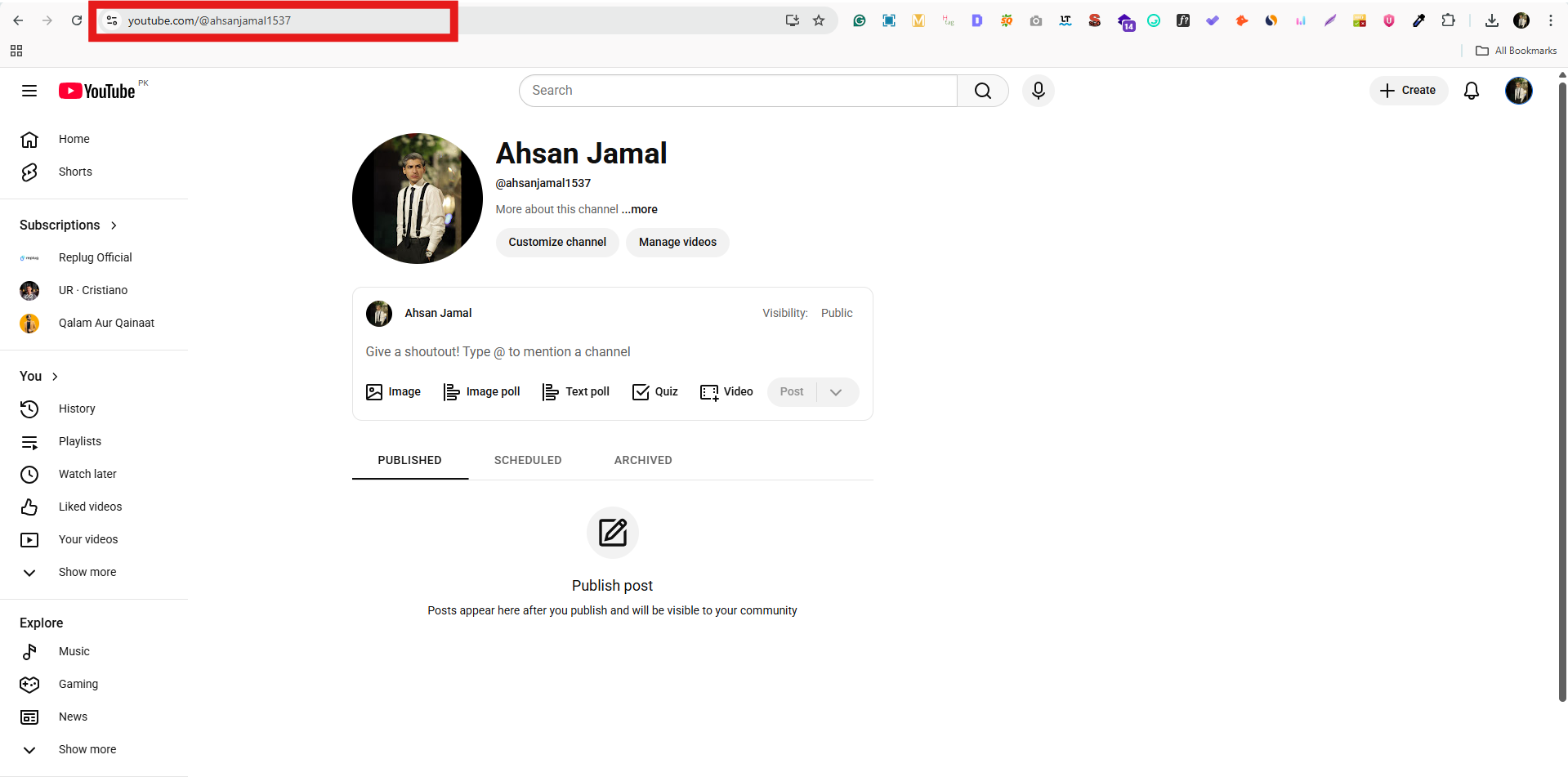 Channel’s link on YouTube web app