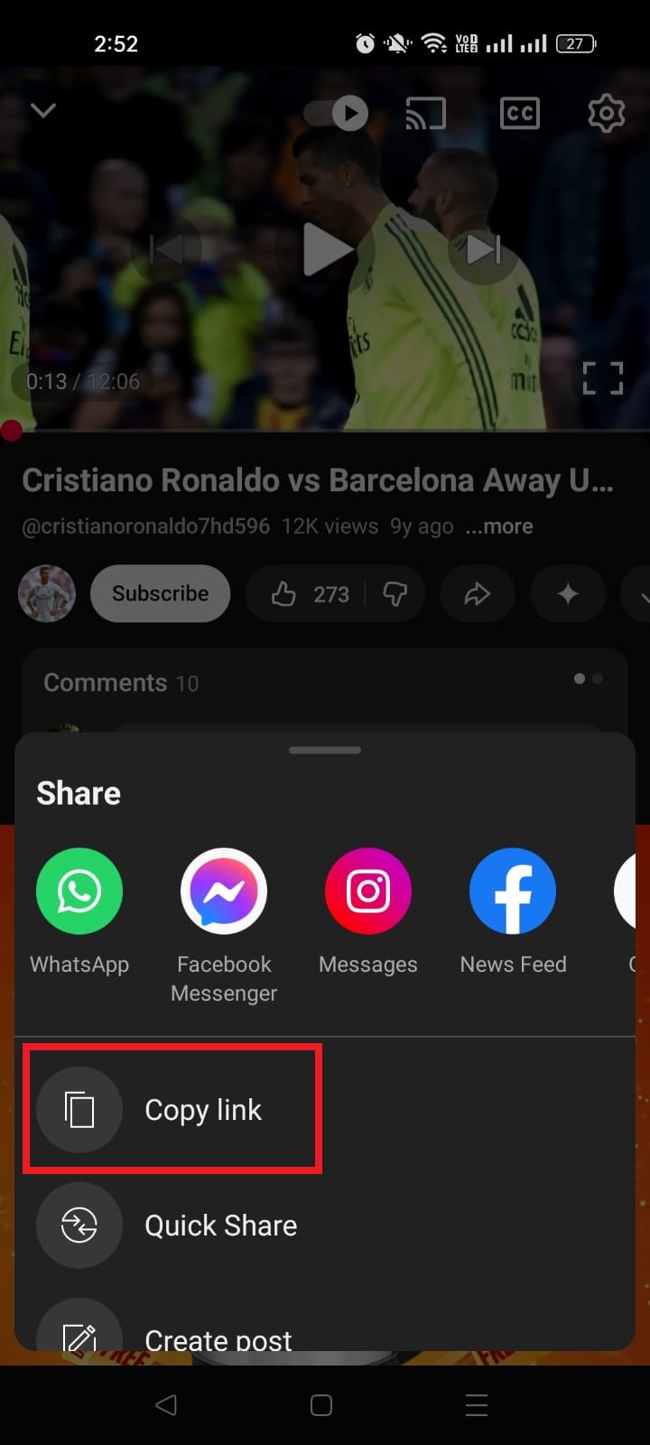 Copy link option in YouTube app