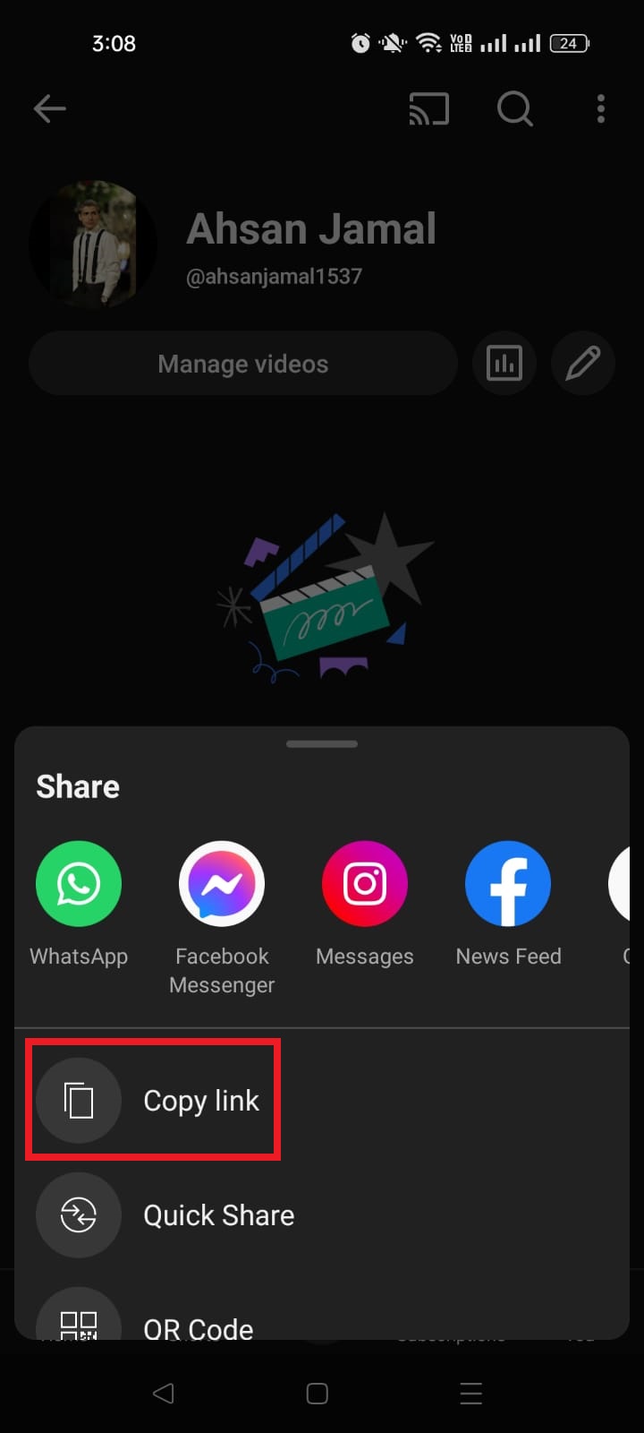 Copy link option in YouTube mobile app