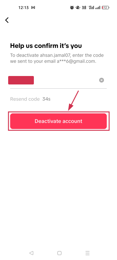Deactivate account button inside TikTok mobile app