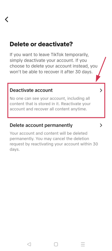 Deactivate account option inside TikTok mobile app