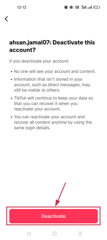 Deactivate button inside TikTok mobile app
