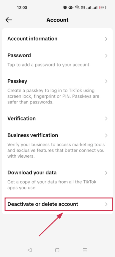 Deactivate or delete account option inside TikTok mobile app