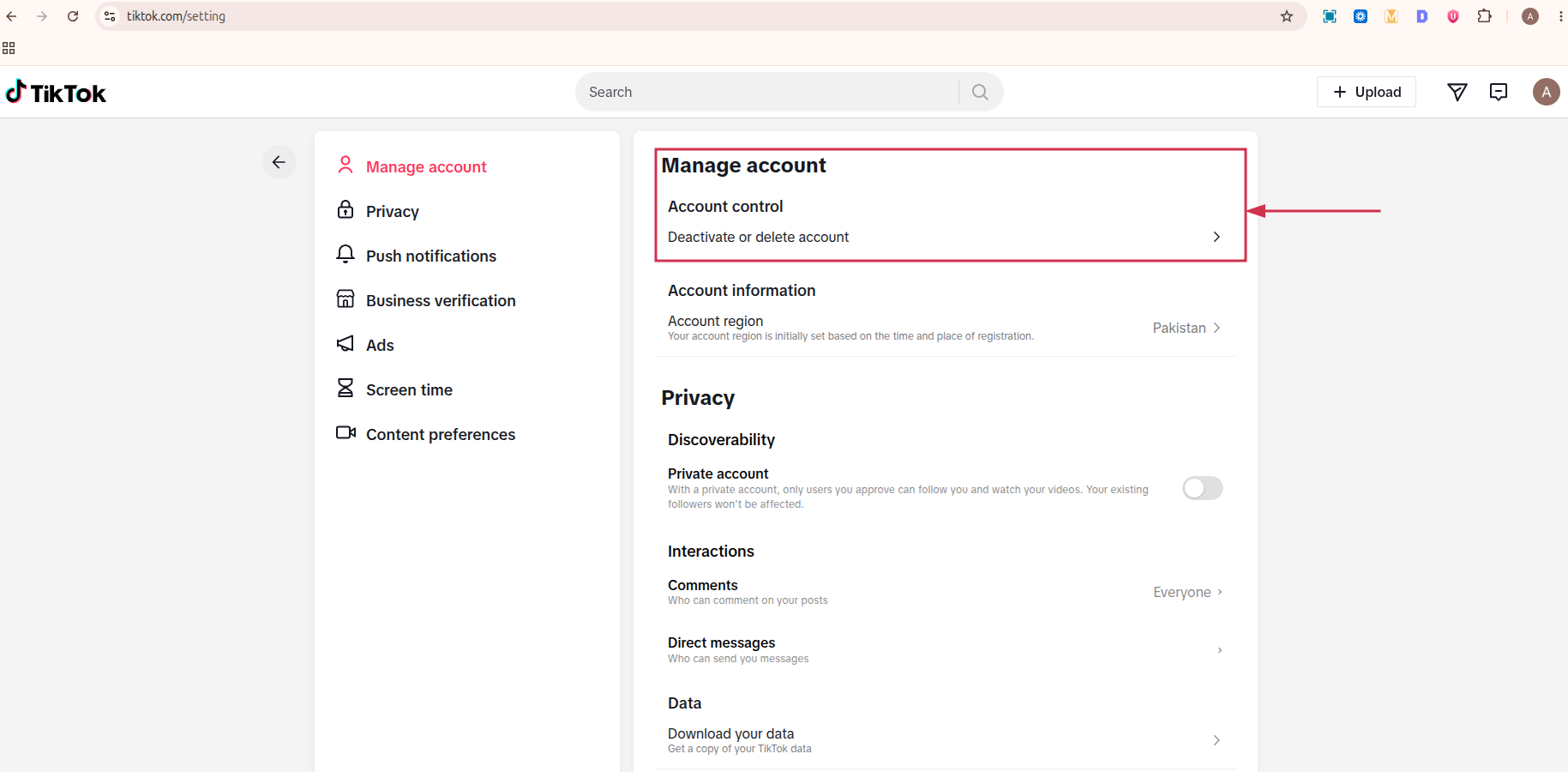Deactivate or delete account option inside TikTok web app