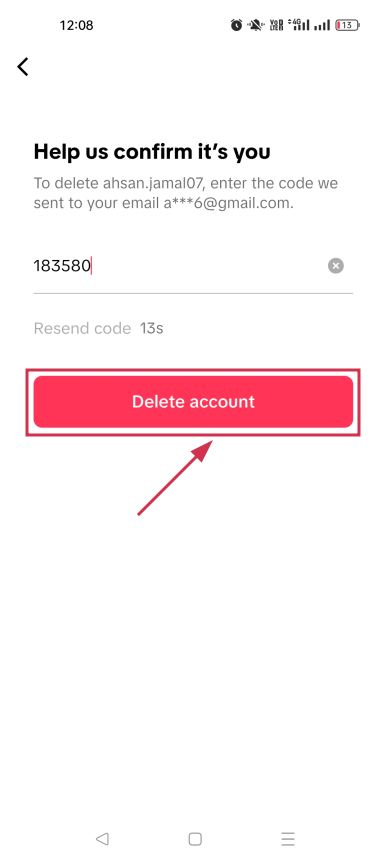 Delete account button inside TikTok mobile app