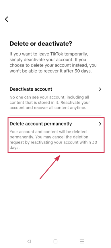 Delete account permanently option inside TikTok mobile app