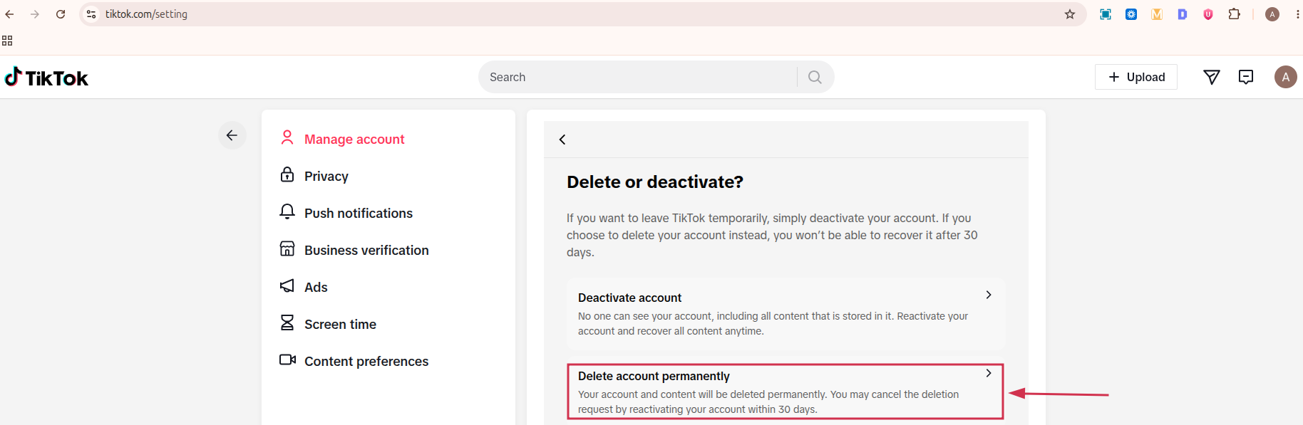 Delete account permanently option inside TikTok web app