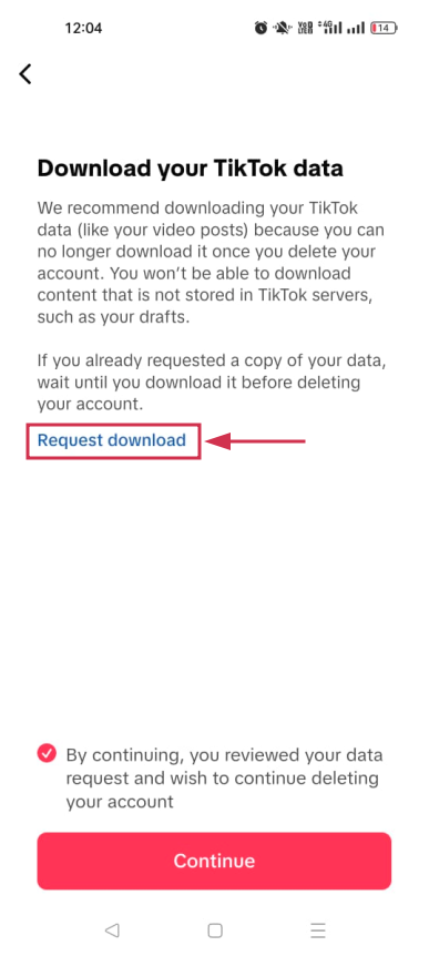 Download your TikTok data option inside TikTok mobile app