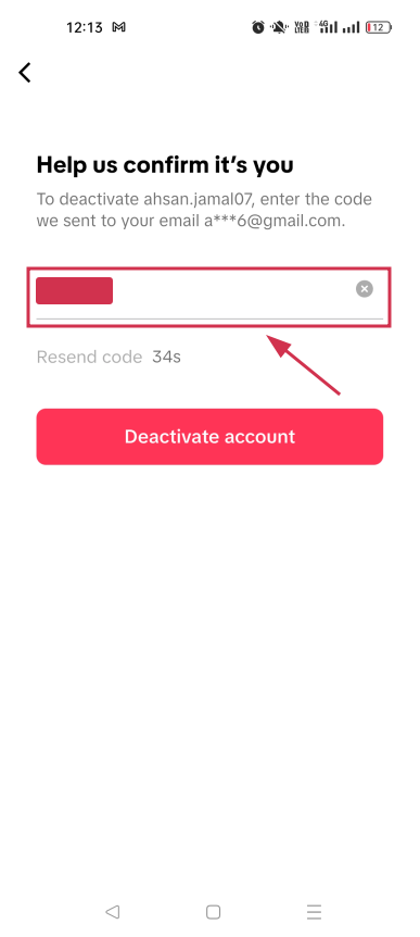 Enter verification code to deactivate TikTok account