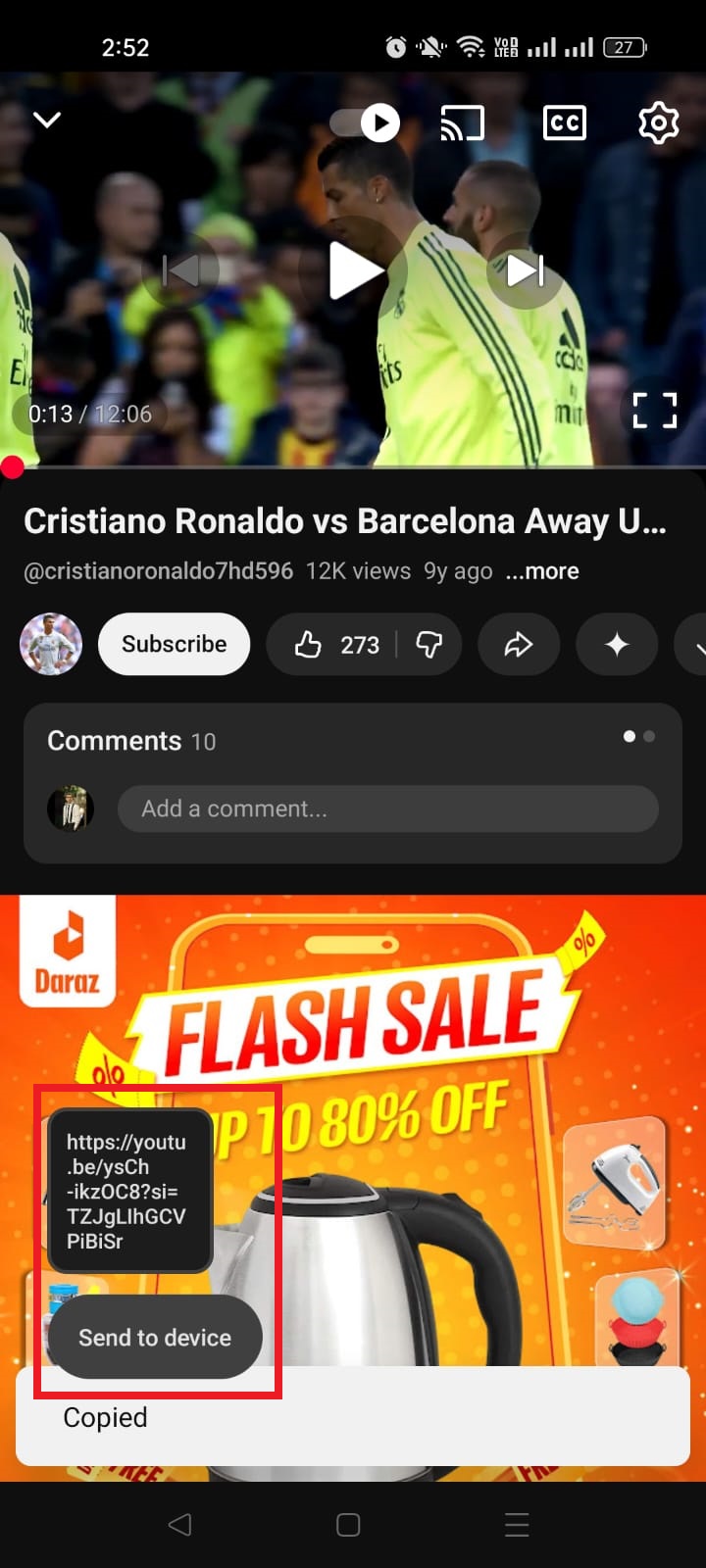 Full YouTube video URL copied to clipboard