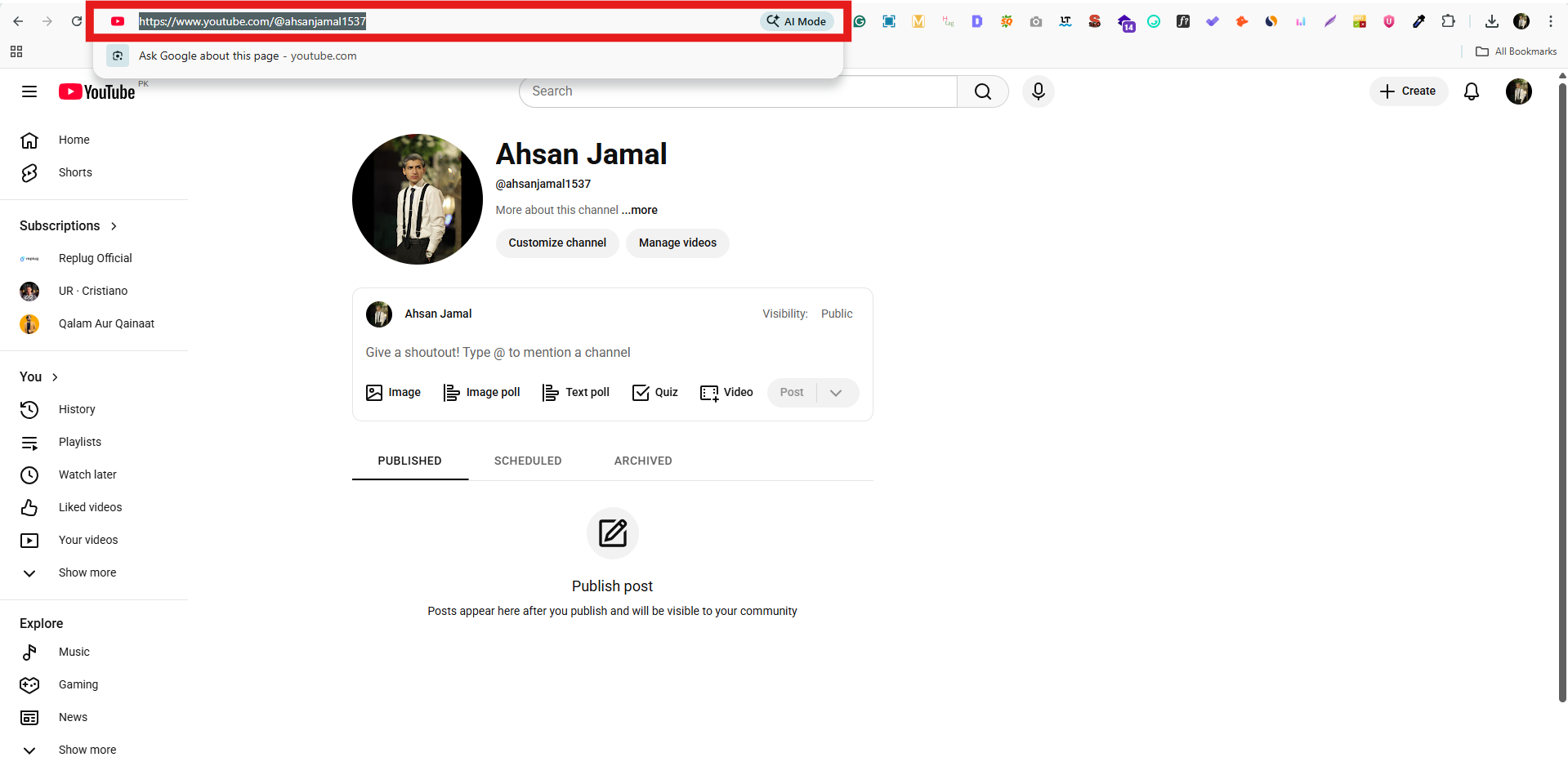 Highlighted whole YouTube channel link
