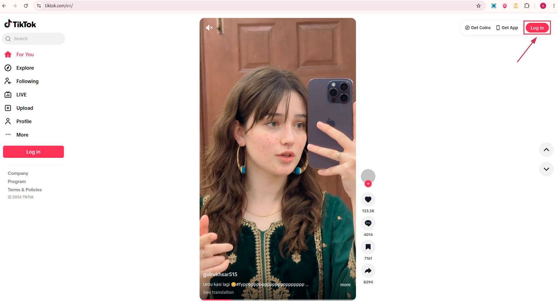 Login button on TikTok web app