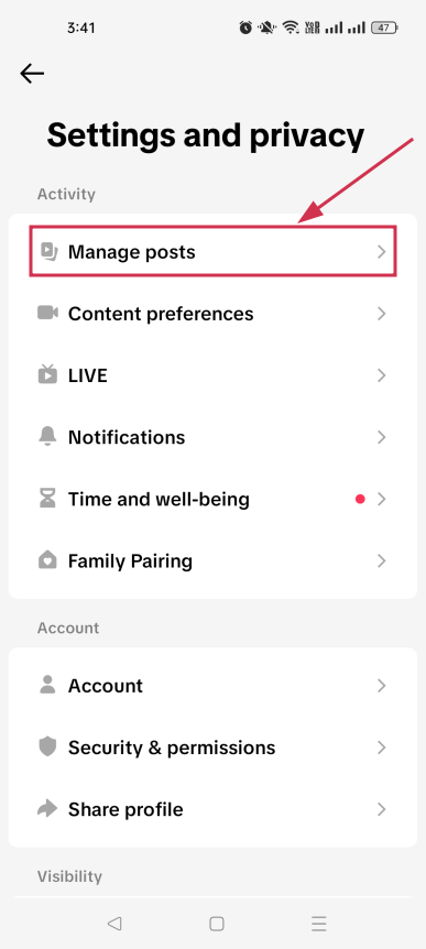 Manage posts option under the TikTok settings and privacy page