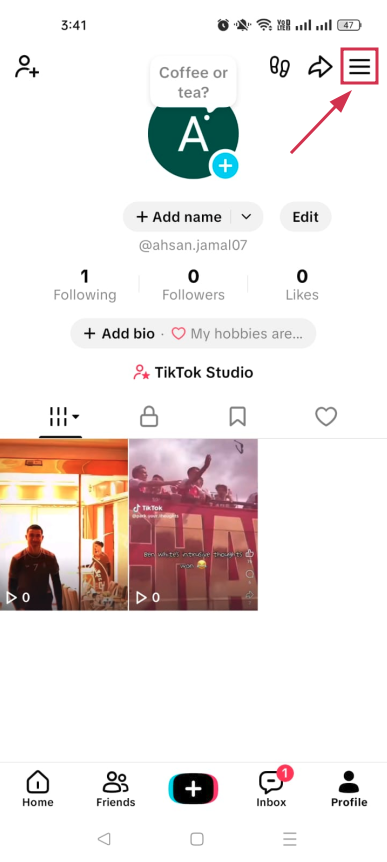 Menu icon (☰) on the TikTok profile page