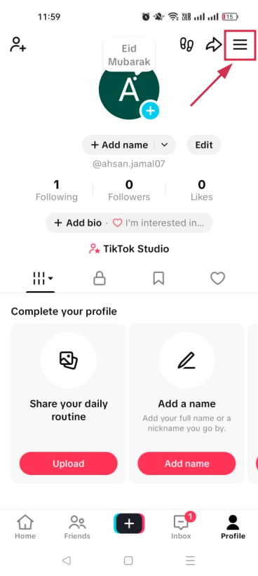 Menu (☰) icon inside TikTok mobile app