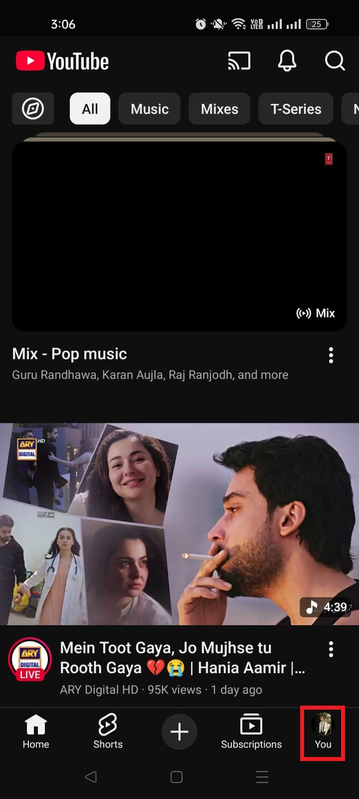 Profile icon on YouTube app