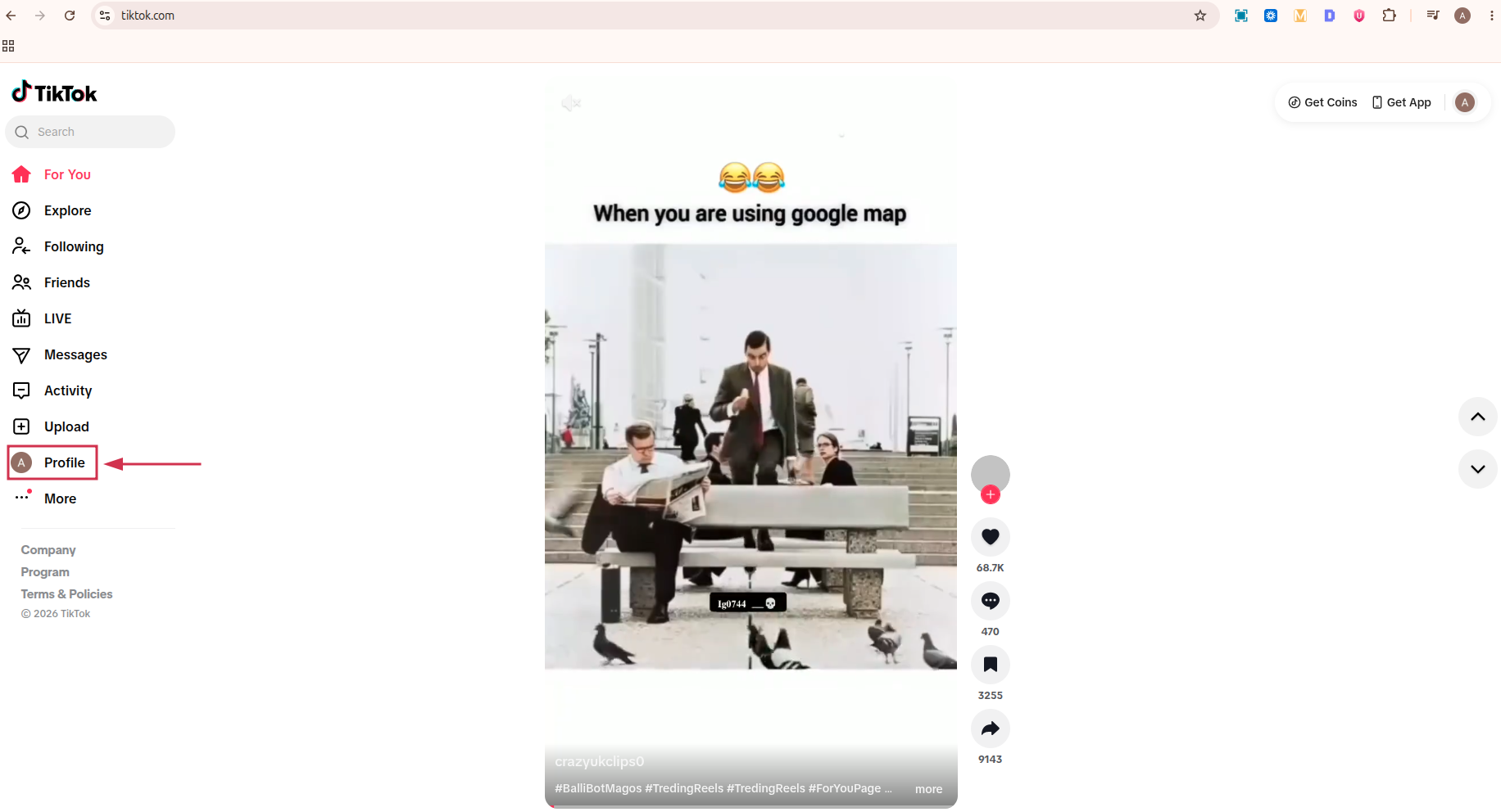 Profile option inside TikTok web app