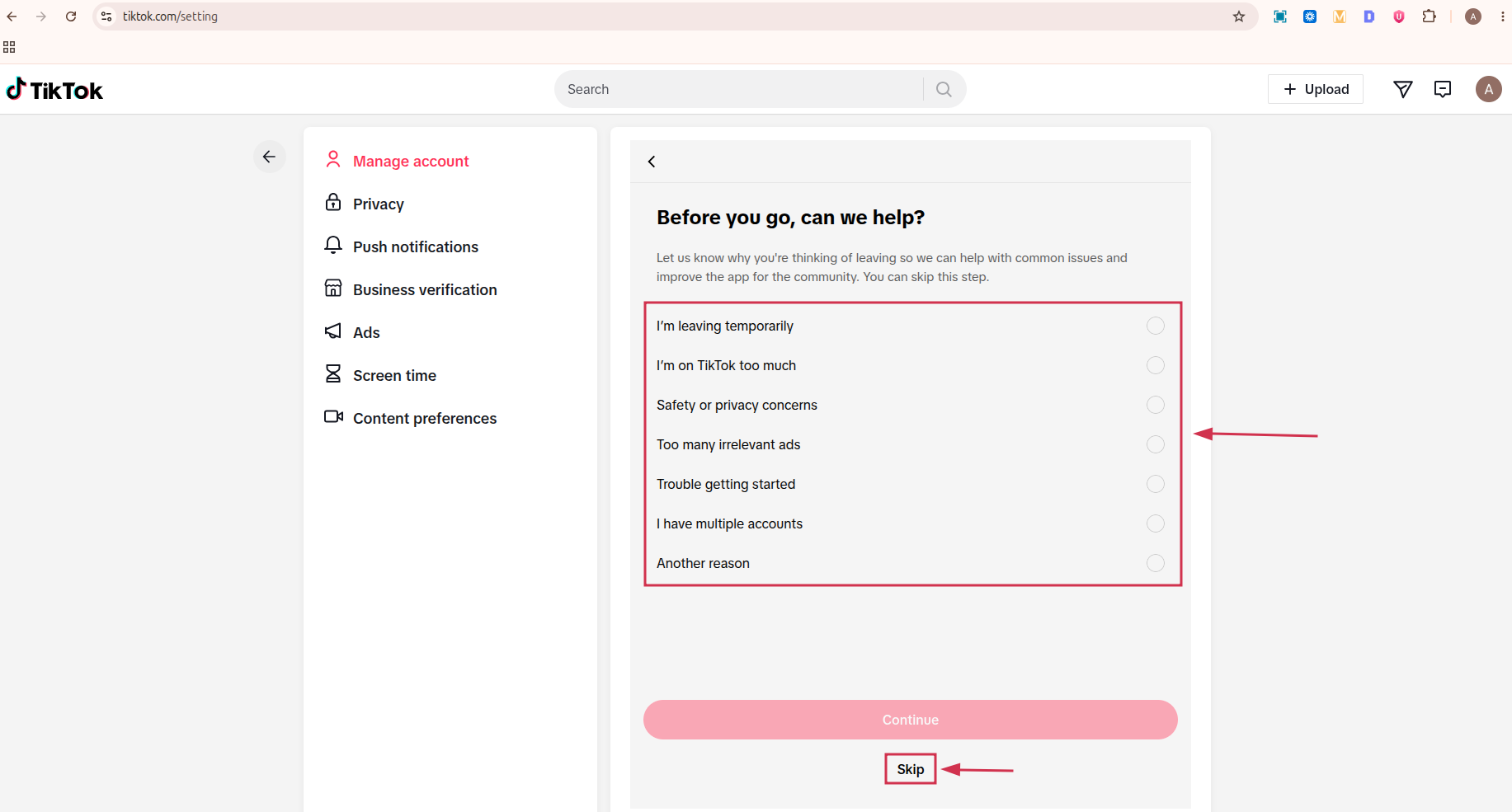 Provide a reason for leaving or tap Skip inside TikTok web app