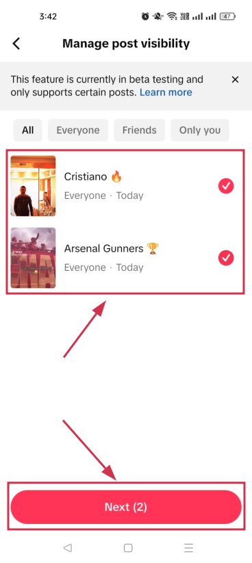 Select videos under the manage post visibility page inside the TikTok app