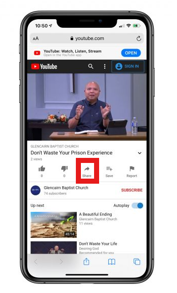 Share icon in YouTube app on iPhone