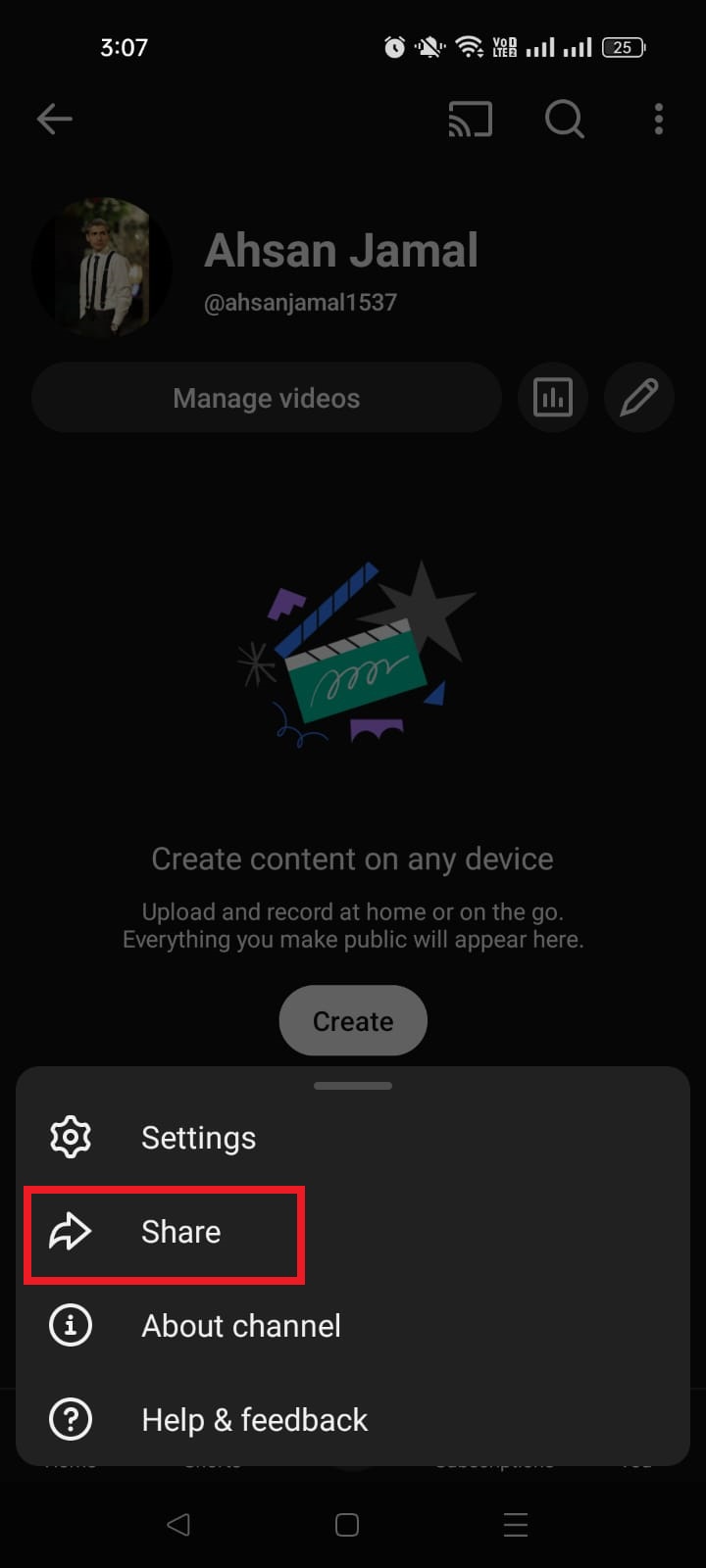 Share option in YouTube app