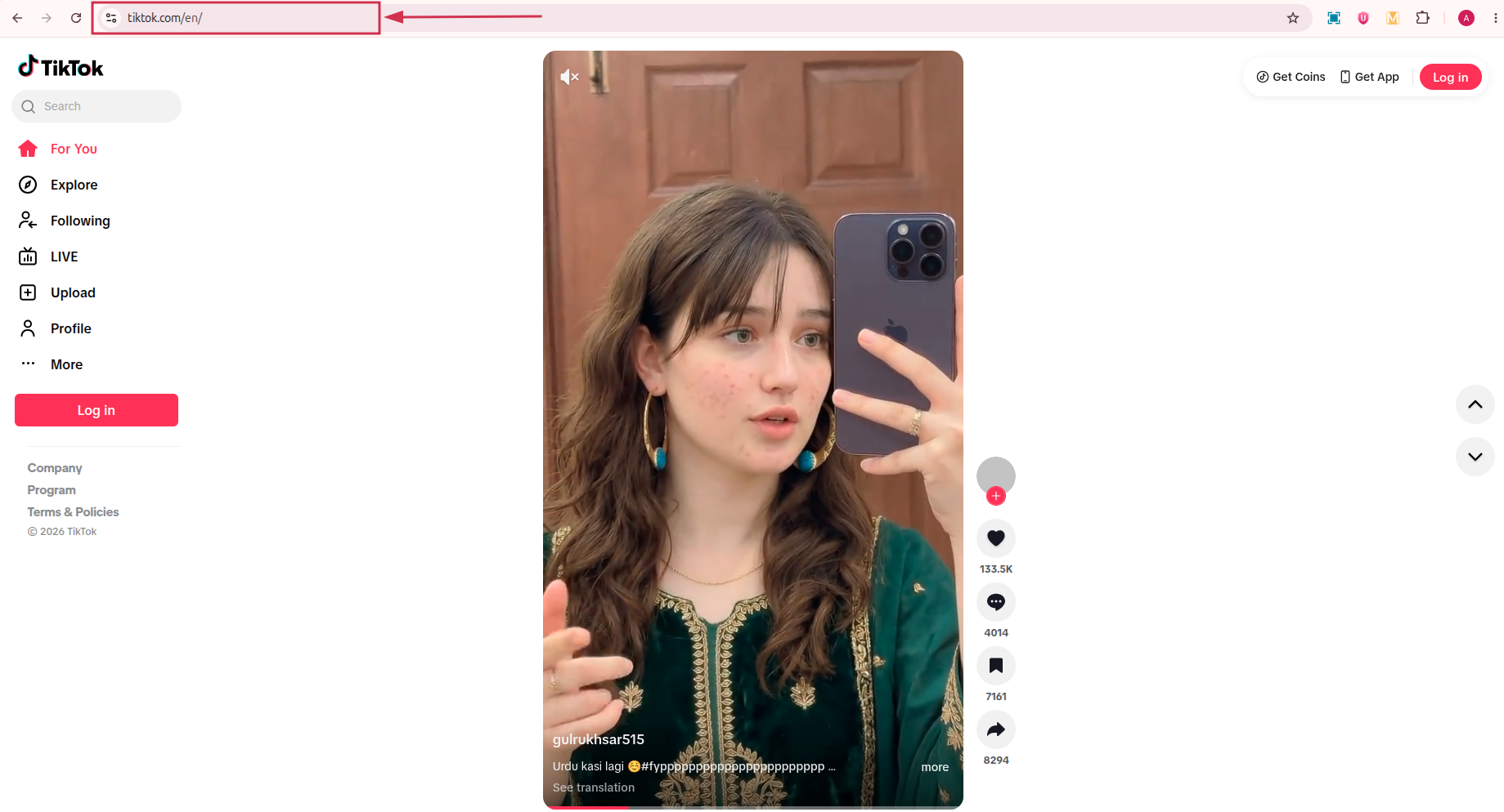 TikTok website link on desktop