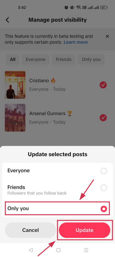 Update selected posts visibility inside the TikTok app