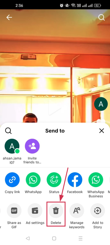 Video delete option inside the TikTok app