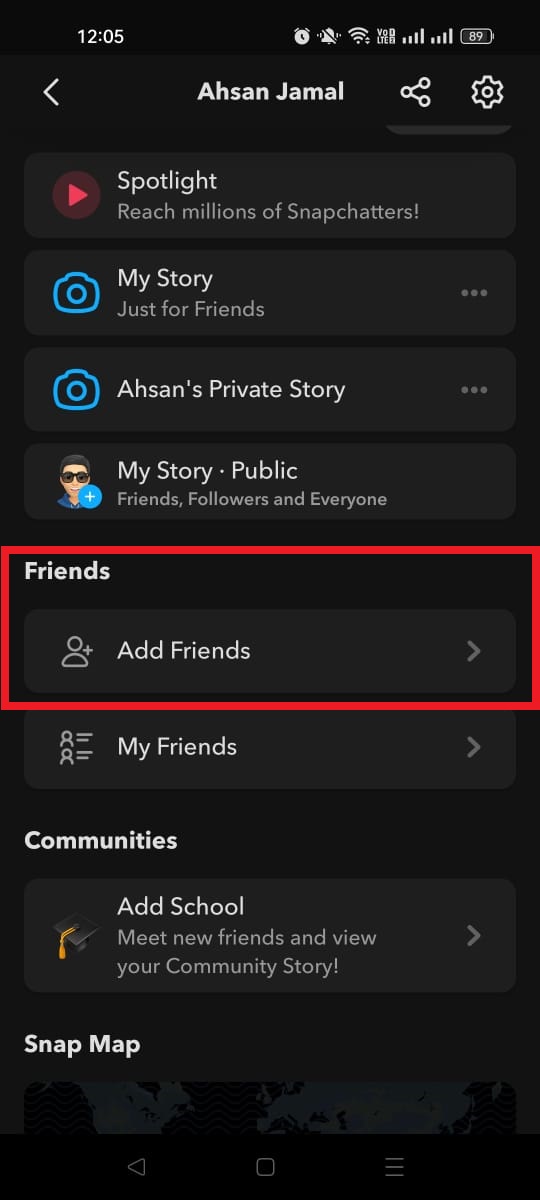 Add Friends option on Snapchat app