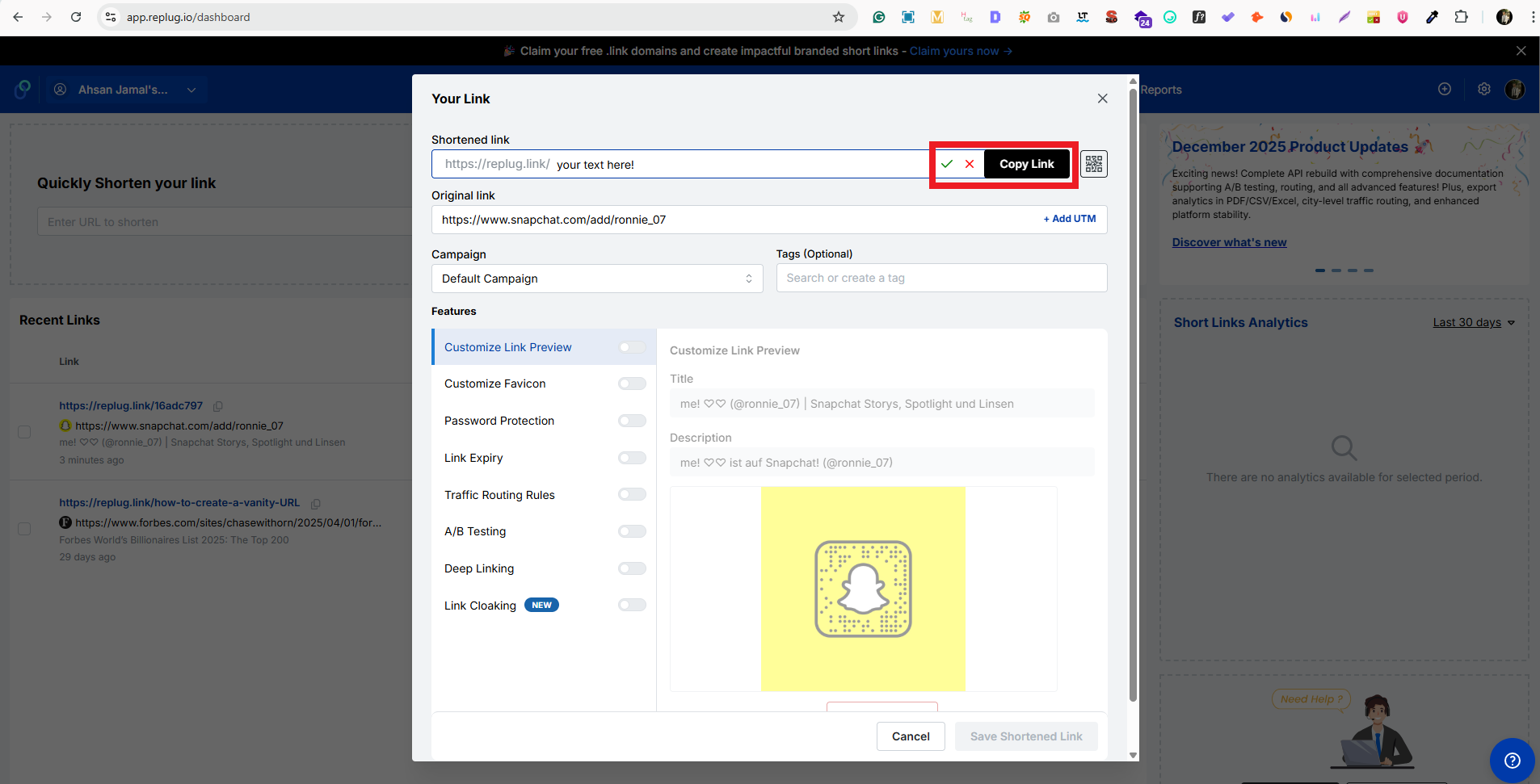 Copy Link button in Replug app
