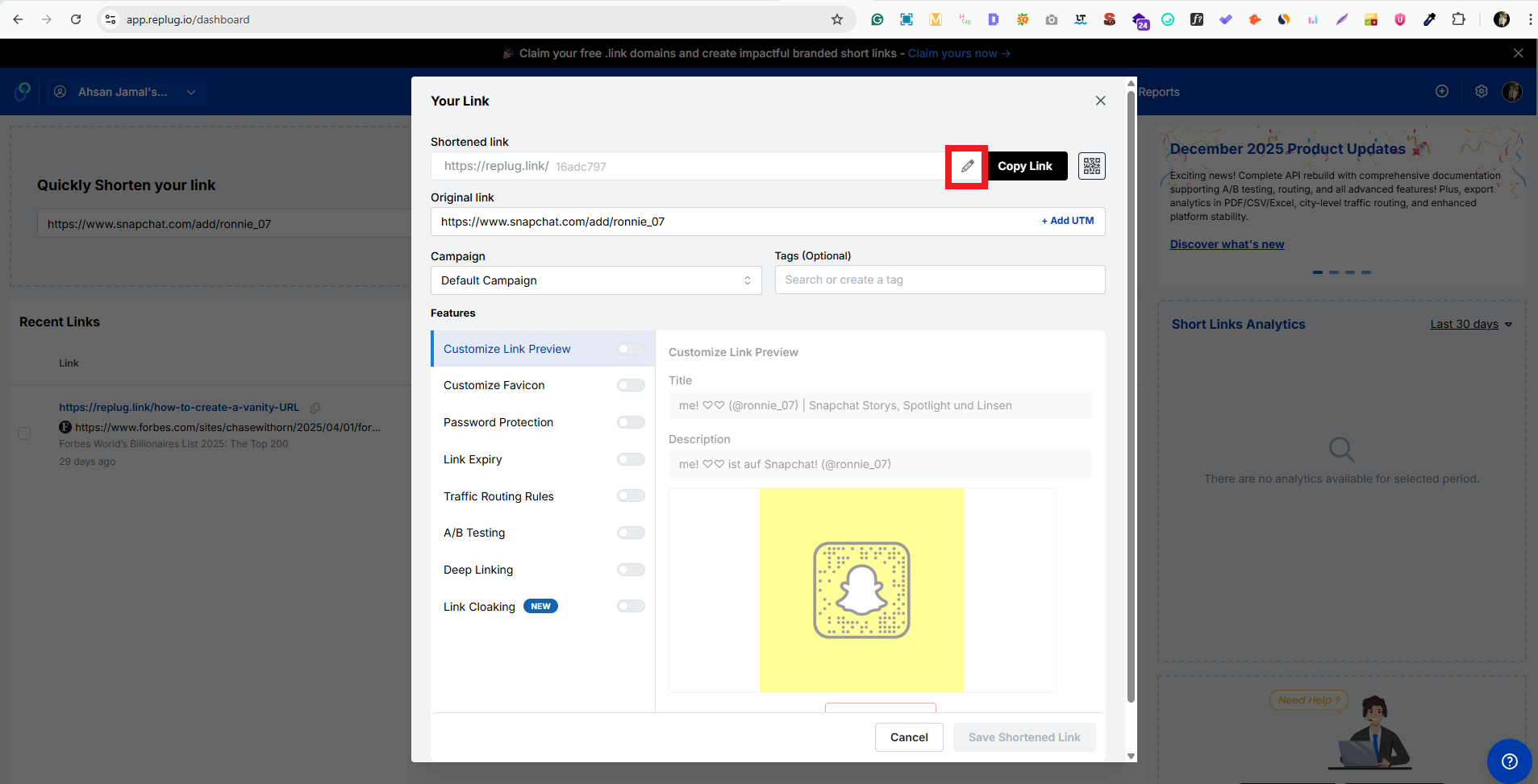 Customize your short link in Replug app