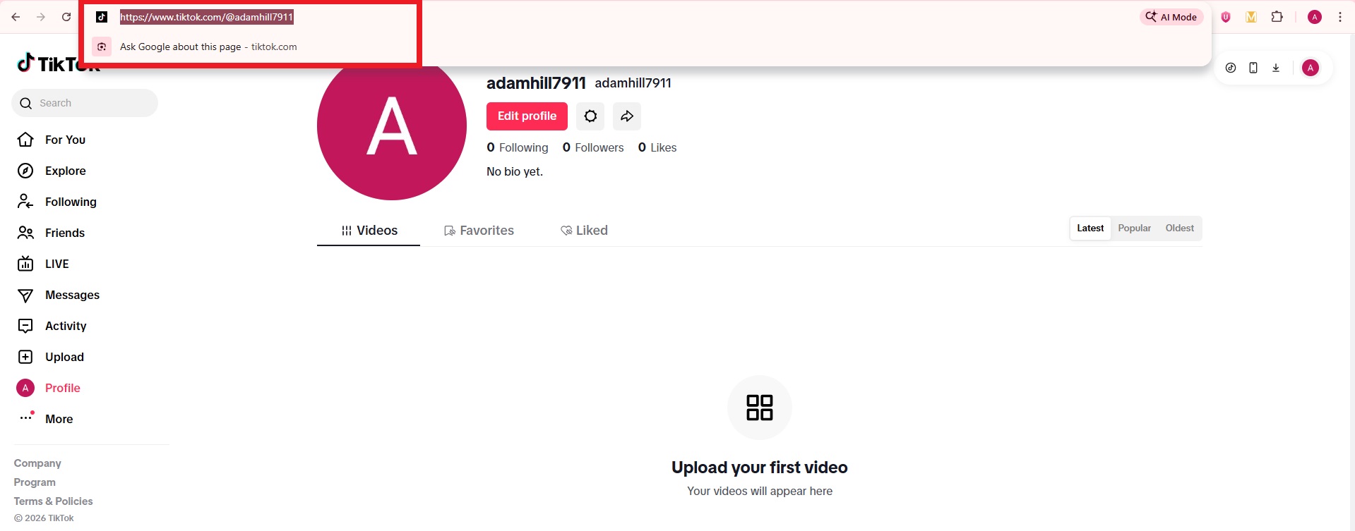 Highlighted TikTok profile URL on web