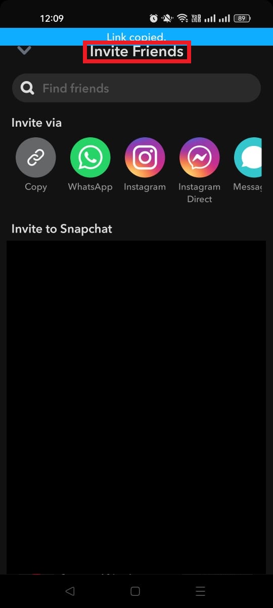 Invite friends option on Snapchat app