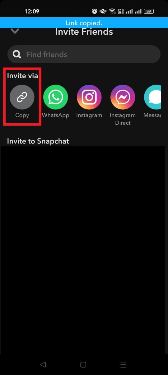 Invite via option on Snapchat app