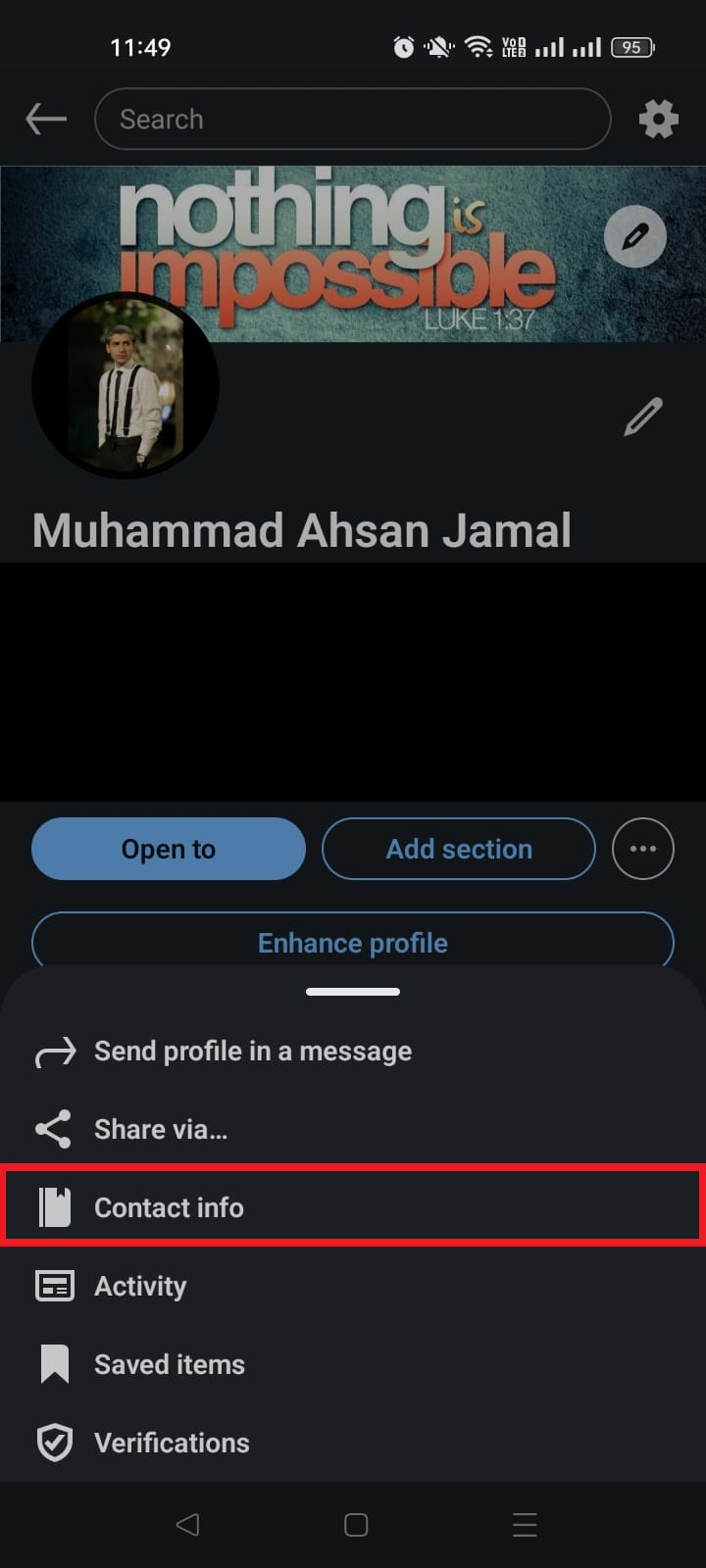 LinkedIn Contact info option on smartphone