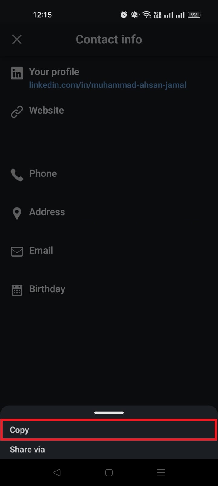 LinkedIn Copy option on smartphone