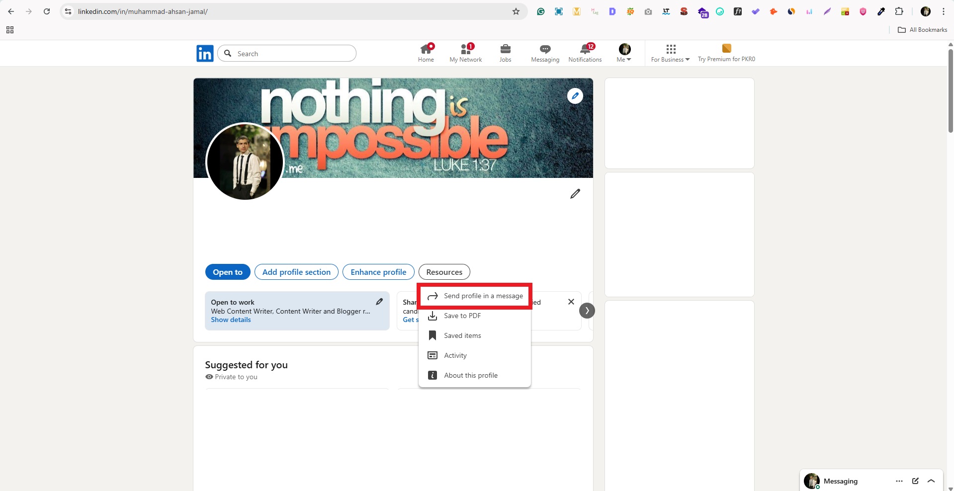 LinkedIn Send profile in a message option on desktop